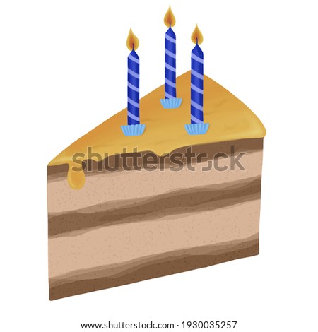 Digital illustration. A piece of cake with cream and candles. Birthday, holiday. Isolated on a white background.