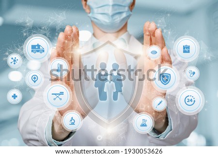 Family health insurance concept. Doctor protective gesture in front of shield with family icon.