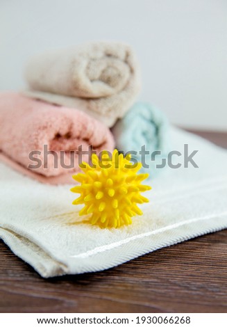 Natural fabric softener spiky dryer ball for more soft clothes while tumble drying concept.