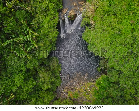 Aerial top view of Leon Waterfall (Cascade Leon) hidden in the south of Mauritius island