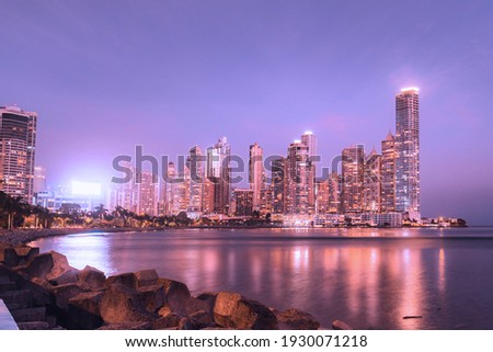 Sunset blue hour photo of the Panama City skyline at Cinta Costera