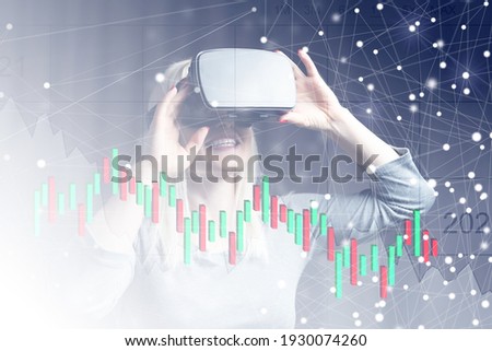 Portrait of businesswoman in virtual reality glasses working in her office. Concept of vr and cutting edge technology. Toned image.