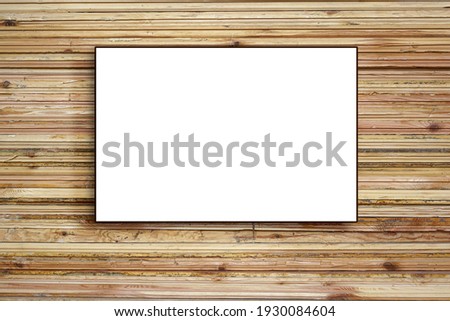 Blank white mockup space on natural background of stacking wooden planks or boards. Concept signage for advertising information.