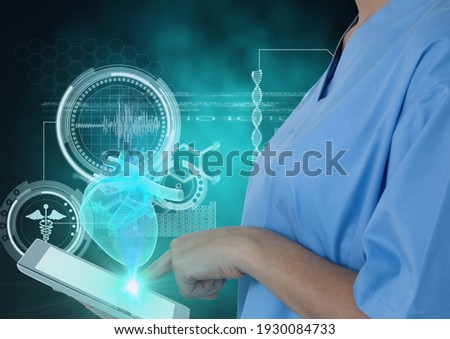 Female doctor touching screen showing human heart with scientific data processing in background. global medicine science and technology concept digitally generated image.