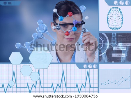 Female scientist touching 3d molecules with human brain and scientific data processing on screens. global science, medicine and technology concept digitally generated image.