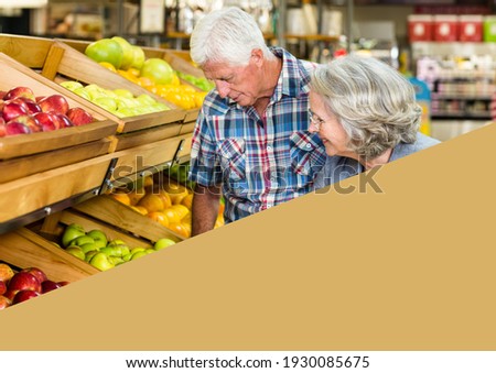 Illustration with photo of senior couple food shopping with beige triangle in bottom right corner. food and shopping concept digitally generated image.