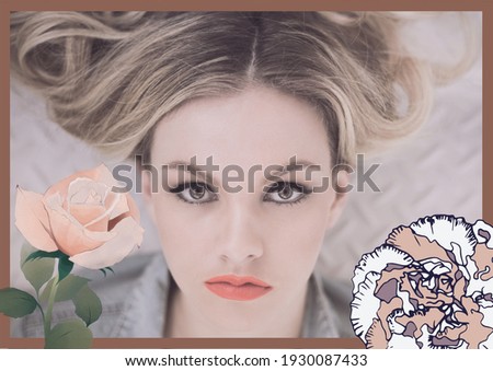 Composition of photo of blonde woman with illustration of flowers and brown frame. beauty concept digitally generated image.