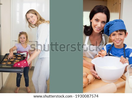 Illustration with two mothers baking with their children, blank stripe in middle. copy space, food and drink concept digitally generated image.