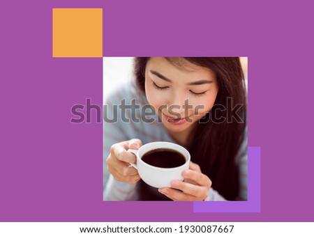 Illustration with photo of woman having coffee with orange square and purple background. copy space, food and drink concept digitally generated image.