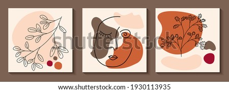 Set of Various Surreal faces. Face line art. Face drawing. Contemporary portrait. Round elements, abstract shapes, lines, floral, leaves, flowers. Hand drawn Vector illustrations. Minimalistic style