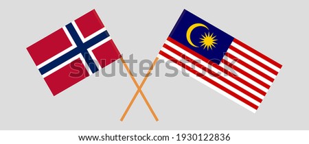 Crossed flags of Norway and Malaysia. Official colors. Correct proportion
