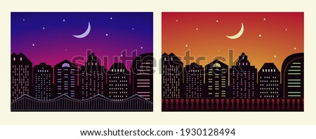 City Buildings Against Night Sky Background Set Of Two Illustrations