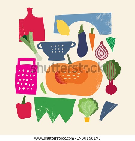 Abstract illustration with vegetables and kitchen utensils in mid century modern art style. Hand-drawn textures.