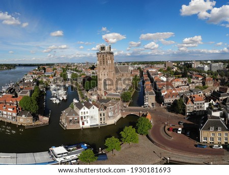 Dordrecht Netherlands, skyline of the old city of Dordrecht with church and canal buildings in the Netherlands
