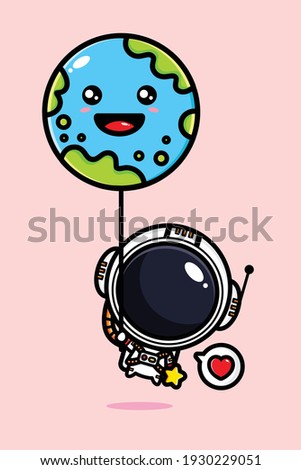 cute astronaut flying with earth balloon