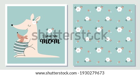 Mother's Day card and seamless pattern set with cute Kangaroo and flowers.