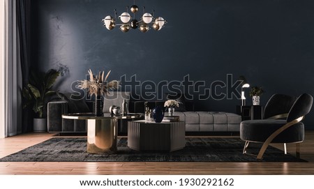 Modern interior design for home, office, interior details, upholstered furniture against the background of a dark classic wall. Royalty-Free Stock Photo #1930292162