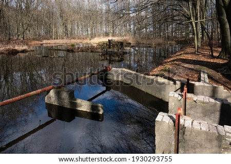 Remnants of the laboratory test setup in the 'Waterloopbos' forest in Marknesse in the Netherlands. Was used in the 1960s for the development of the Dutch Delta Works and foreign water works