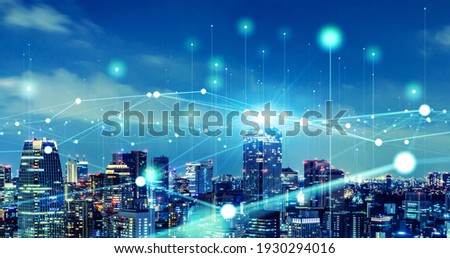 Modern cityscape and communication network concept. Telecommunication. IoT (Internet of Things). ICT (Information communication Technology). 5G. Smart city. Digital transformation. Royalty-Free Stock Photo #1930294016