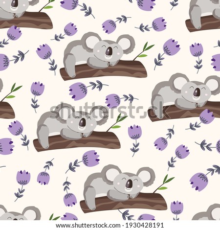 Seamless pattern with cute koala baby and flowers on color background. Funny australian animals. Card, postcards for kids. Flat vector illustration for fabric, textile, wallpaper, poster, paper.