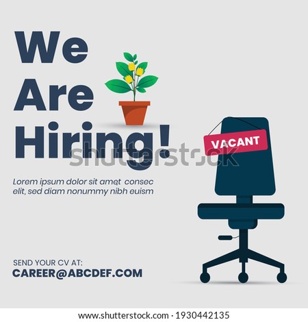 we are hiring join our team announcement banner for facebook post, vacant sign on empty office chair. We're Hiring with empty office ready to be occupied by employee. Business recruiting concept. Royalty-Free Stock Photo #1930442135
