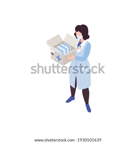 Humanitarian support isometric composition with female doctor holding big box with masks vector illustration