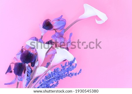 Composition of spring flowers with Lavander, White Rose, Iris, Calla Lily.