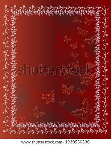 Vertical red background with butterflies and white decorative pattern frame around. Greeting card template. Universal artistic design