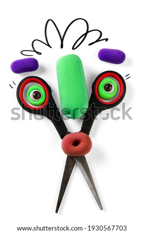 Animated scissors with plasticine objects eyes and nose. Cartoon plasticine parts of face on thing. Illustration for kids hair salon 