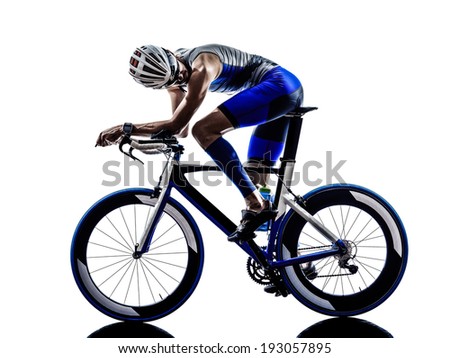 man triathlon iron man athlete biker cyclist bicycling biking  in silhouette on white background