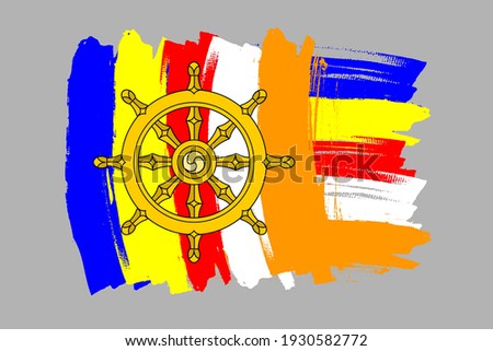 Flag of Buddhism with Dharma wheel. Symbol of Buddhism banner brush concept. Religious flag horizontal vector Illustration isolated on gray background.  
