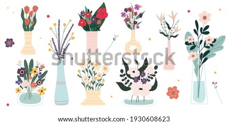 Set of bright spring blooming flowers in vases and bottles isolated on a white background. Cartoon flat vector illustration. Royalty-Free Stock Photo #1930608623