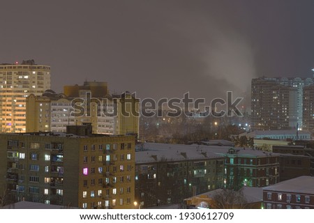 Long exposure photography of small town in Moscow region. High angle view. Winter cold night. Concept of still life. View from above, top view. 