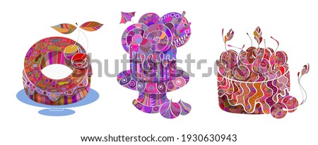 a set of color stylized cake illustrations. The set isolated. cakes for celebration