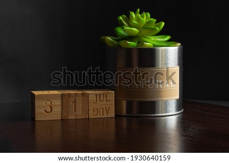 Jun 31st. Image of Jun 31 wooden cube calendar and an artificial plant on a brown wooden table reflection and black background. with empty space for text