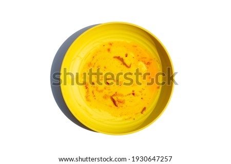 Dirty dish on white background. Top view