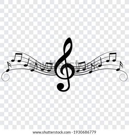 Music notes and treble clef, musical design element with swirls, vector illustration. Royalty-Free Stock Photo #1930686779