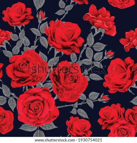 Seamless pattern red rose flowers vintage abstract dark blue background.Vector illustration drawing watercolor style.For used wallpaper design,textile fabric or wrapping paper.
