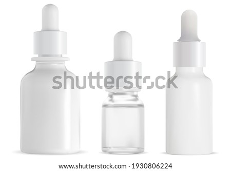 Dropper bottle. Cosmetic serum drop pipette mockup. Glass bottle, eyedropper essence package, 3d vector. Collagen essence treatment medical vial. Face beauty essential aroma jar. Skin care Royalty-Free Stock Photo #1930806224