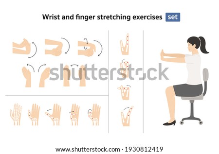 wrist and finger stretching exercises set, woman sit on chair doing self stretching exercise cartoon Royalty-Free Stock Photo #1930812419