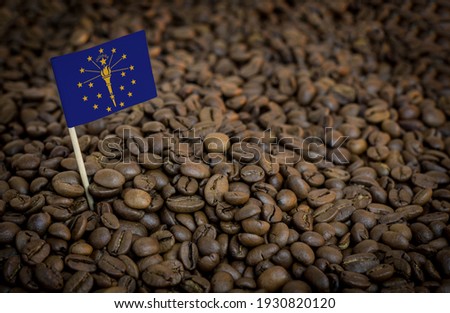 Indiana flag sticking in roasted coffee beans. The concept of export and import of coffee