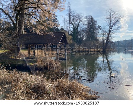Lake Au (Ausee) on the Au Peninsula in Lake Zurich (Zürichsee oder Zuerichsee), Wädenswil (Waedenswil) - Canton of Zürich (Zuerich), Switzerland (Schweiz)