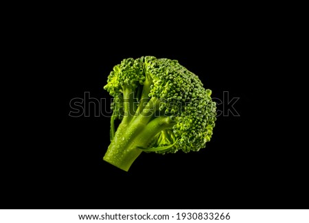 Nutrition and diet food picture with fresh green broccoli with water drops on black background