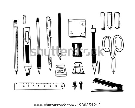 Doodle stationery. Hand drawn school and office tools, pen pencil marker sticker ruler scissors. Vector isolated graphic set