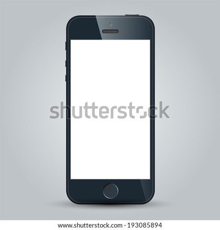 Realistic black mobile phone with blank screen in similar to smart phone style isolated on white. Vector EPS10 Royalty-Free Stock Photo #193085894