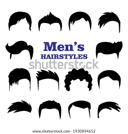 Set of Mens hairstyles. Design constructor with black silhouette fashionable mens haircut isolated on white background. Fashion hand drawn vector illustration. Royalty-Free Stock Photo #1930894652