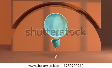 A pyramid of ceramic plate, cup, and spoon on the dark pink background. Sunny environment. 3D rendering.