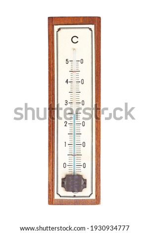 Simple wooden outdoor mercury thermometer showing 25 degrees celsius, top view, from above. Object isolated on white, cut out. Plain old thermometer, temperature measurement tool on white background Royalty-Free Stock Photo #1930934777