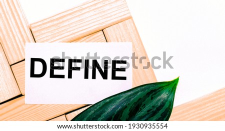 On a white background wooden building blocks, a white card with the text DEFINE and a green leaf of the plant. Template. View from above