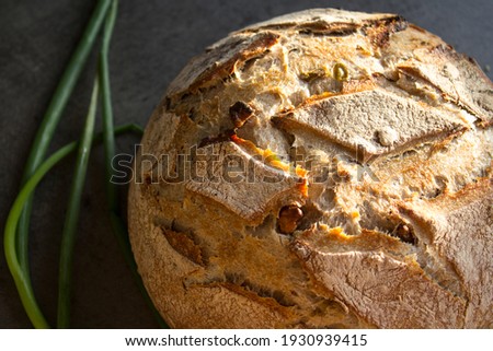 Round sourdough bread made of whole grain close up photo. Freshly backed bread texture. Healthy eating concept. 